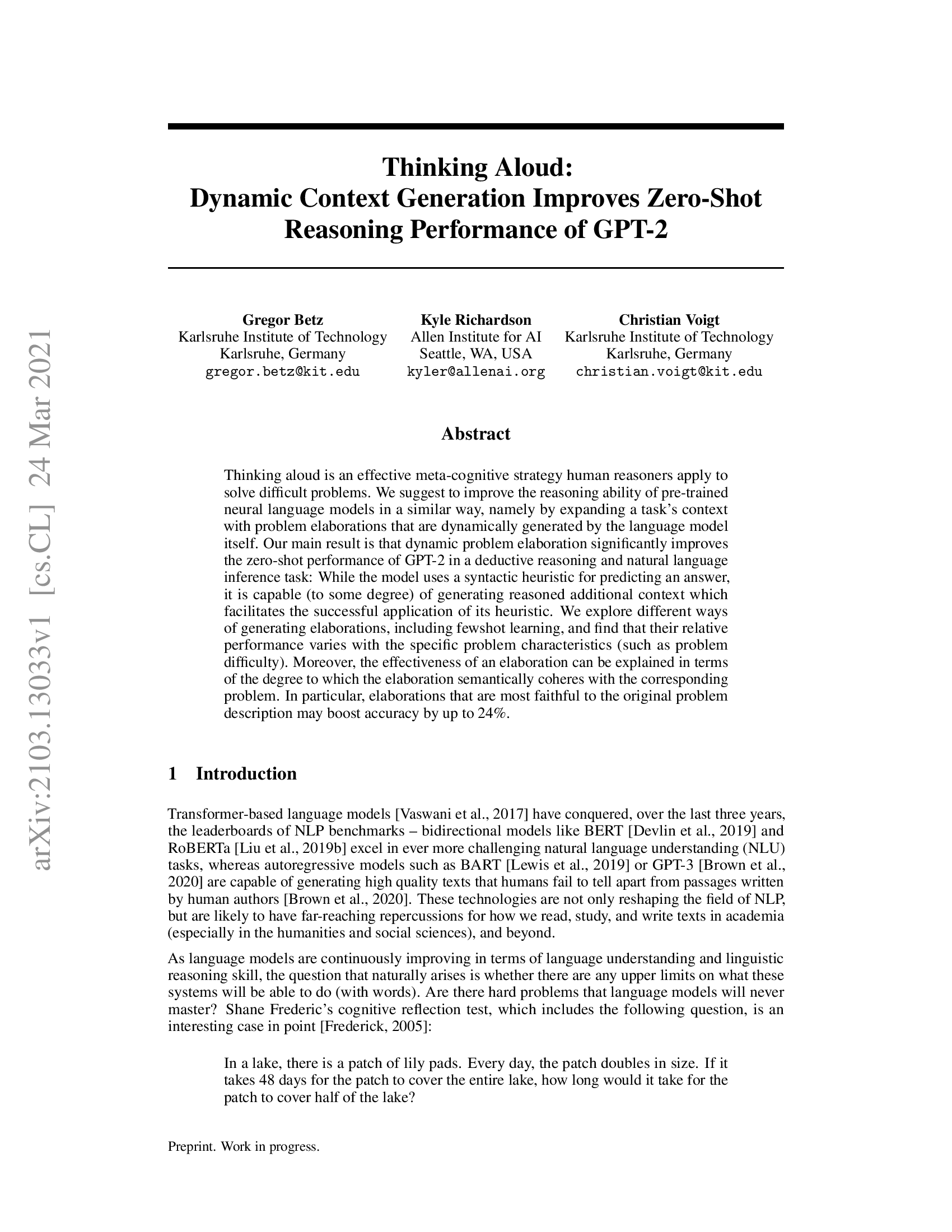 Thinking Aloud: Dynamic Context Generation Improves Zero-Shot Reasoning Performance of GPT-2