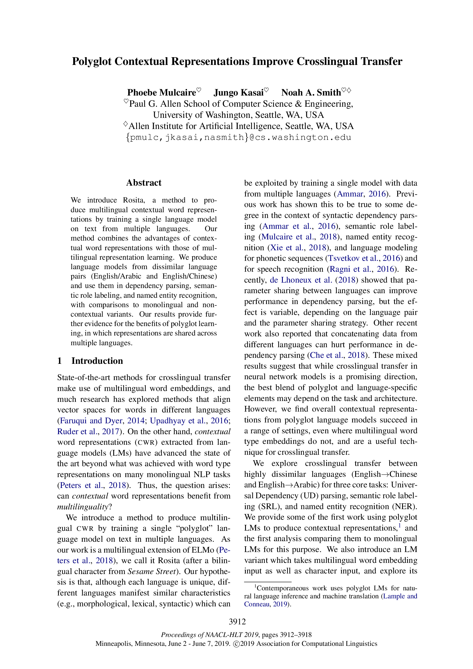 Polyglot Contextual Representations Improve Crosslingual Transfer