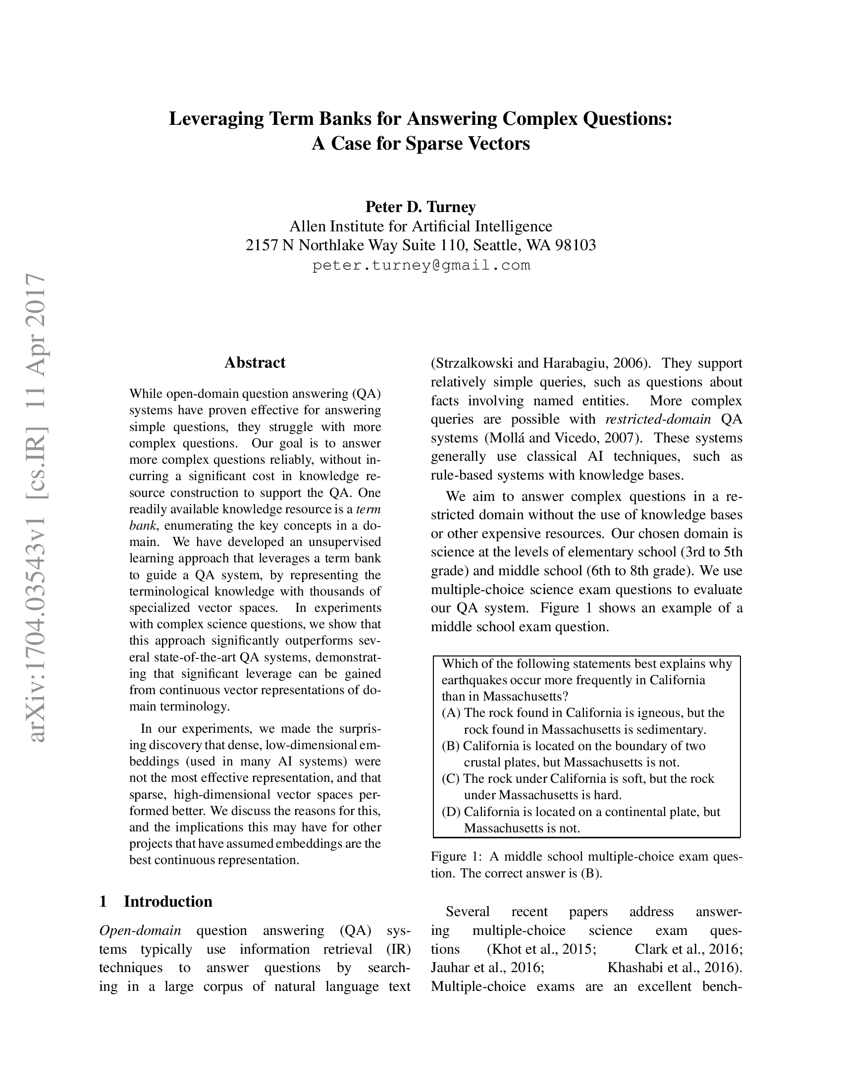 Leveraging Term Banks for Answering Complex Questions: A Case for Sparse Vectors