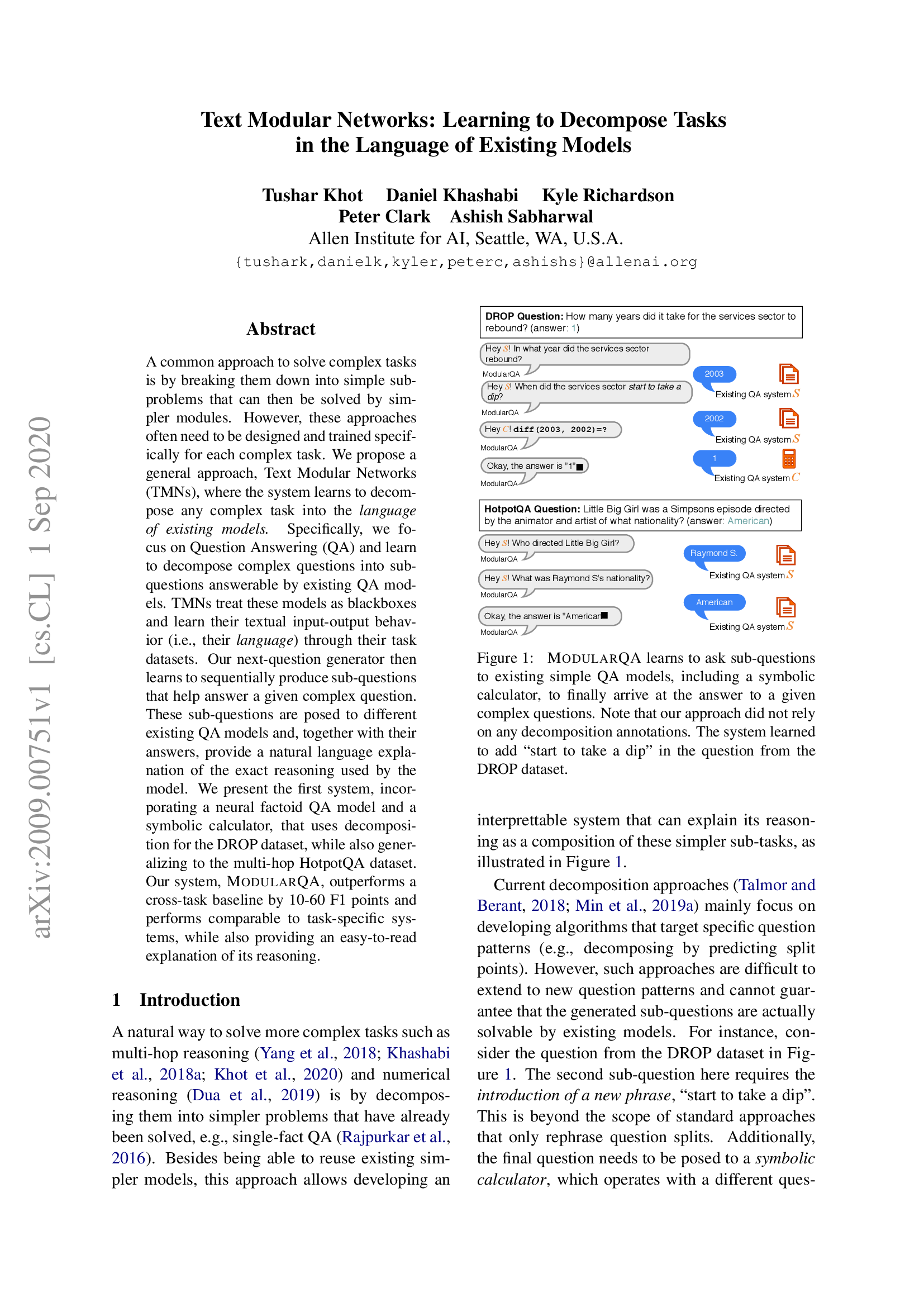 Text Modular Networks: Learning to Decompose Tasks in the Language of Existing Models