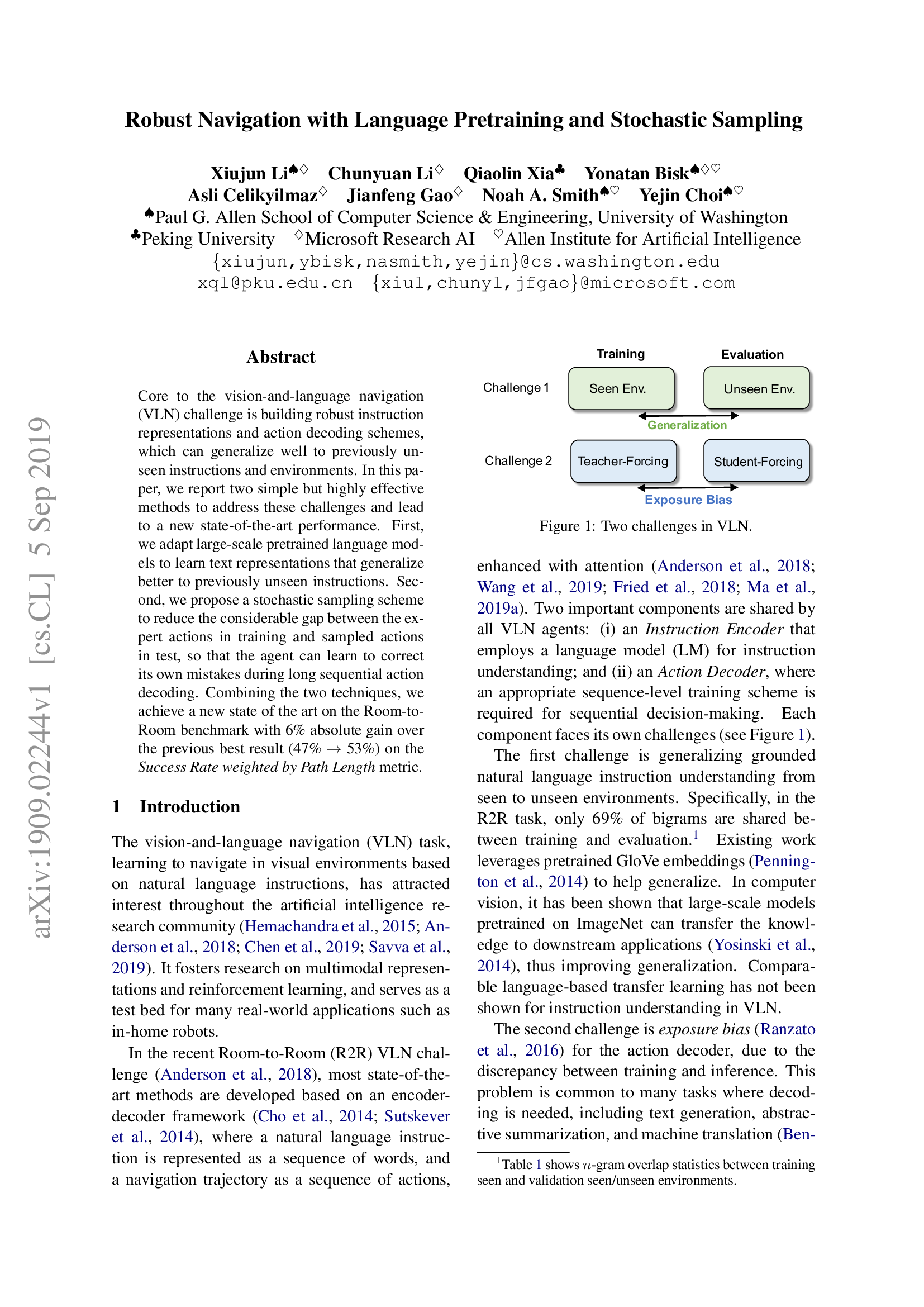 Robust Navigation with Language Pretraining and Stochastic Sampling