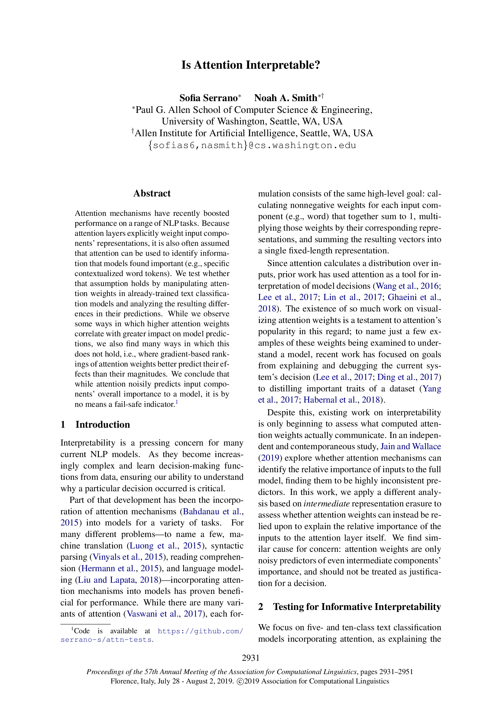 Is Attention Interpretable?