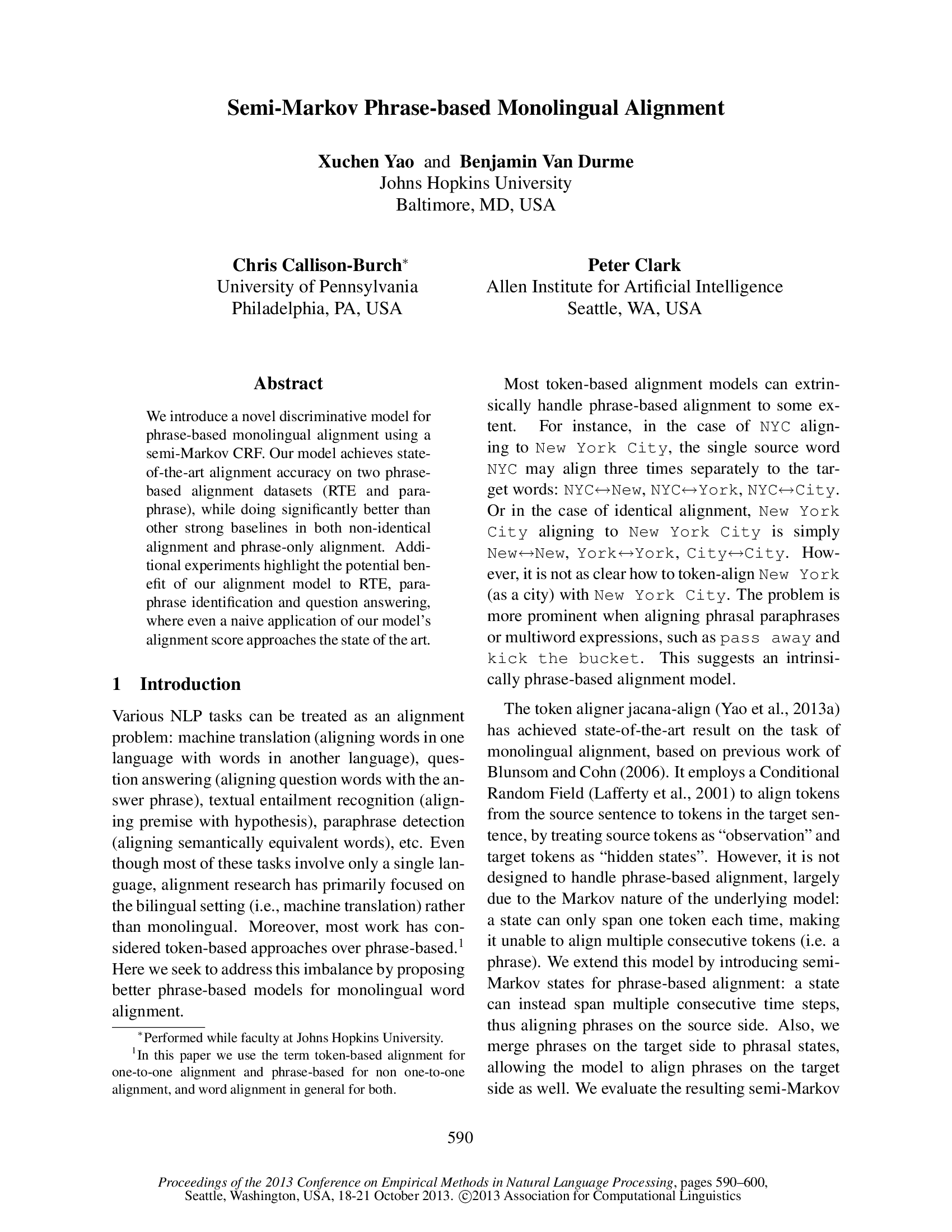 Semi-Markov Phrase-Based Monolingual Alignment