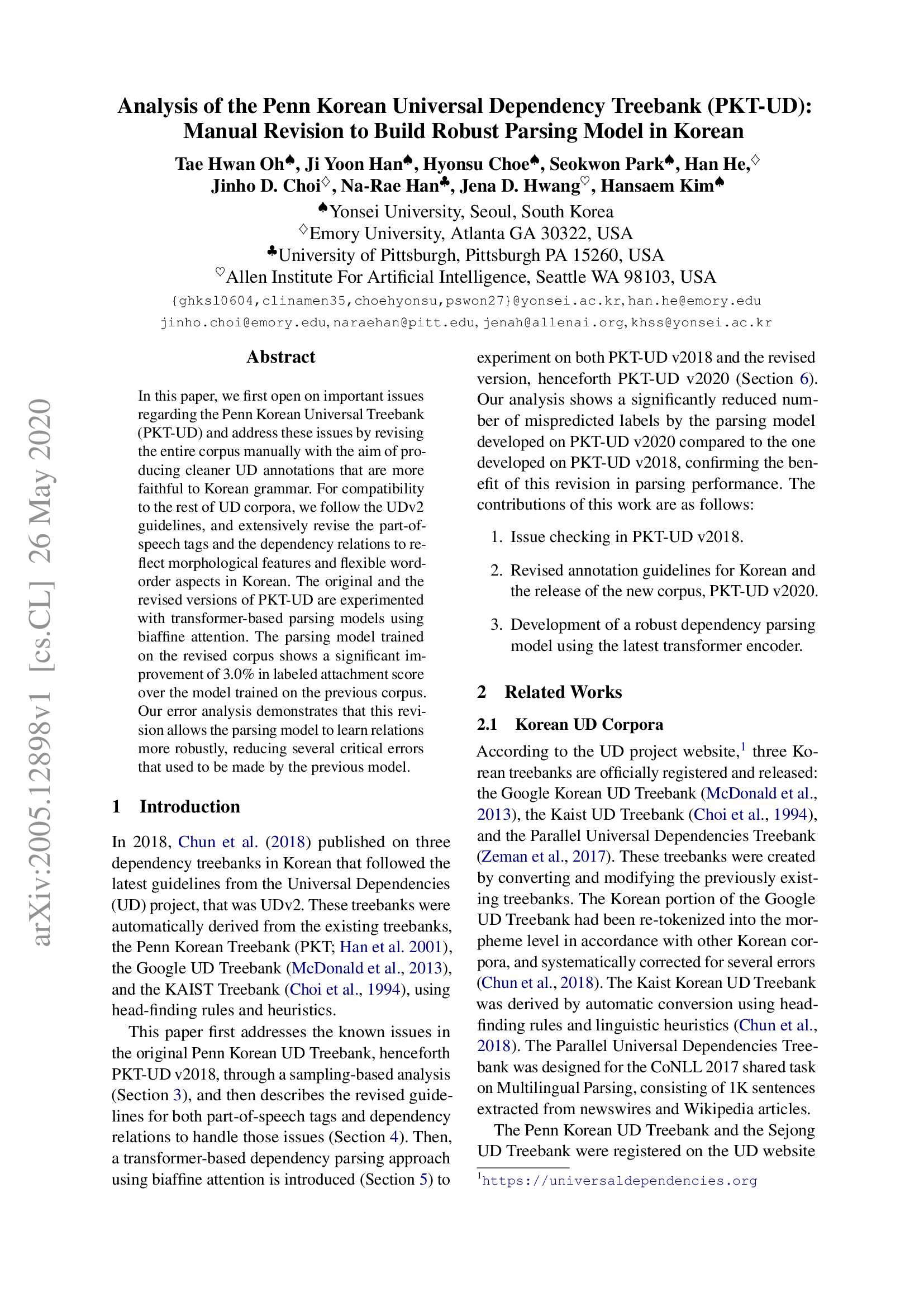 Analysis of the Penn Korean Universal Dependency Treebank (PKT-UD): Manual Revision to Build Robust Parsing Model in Korean