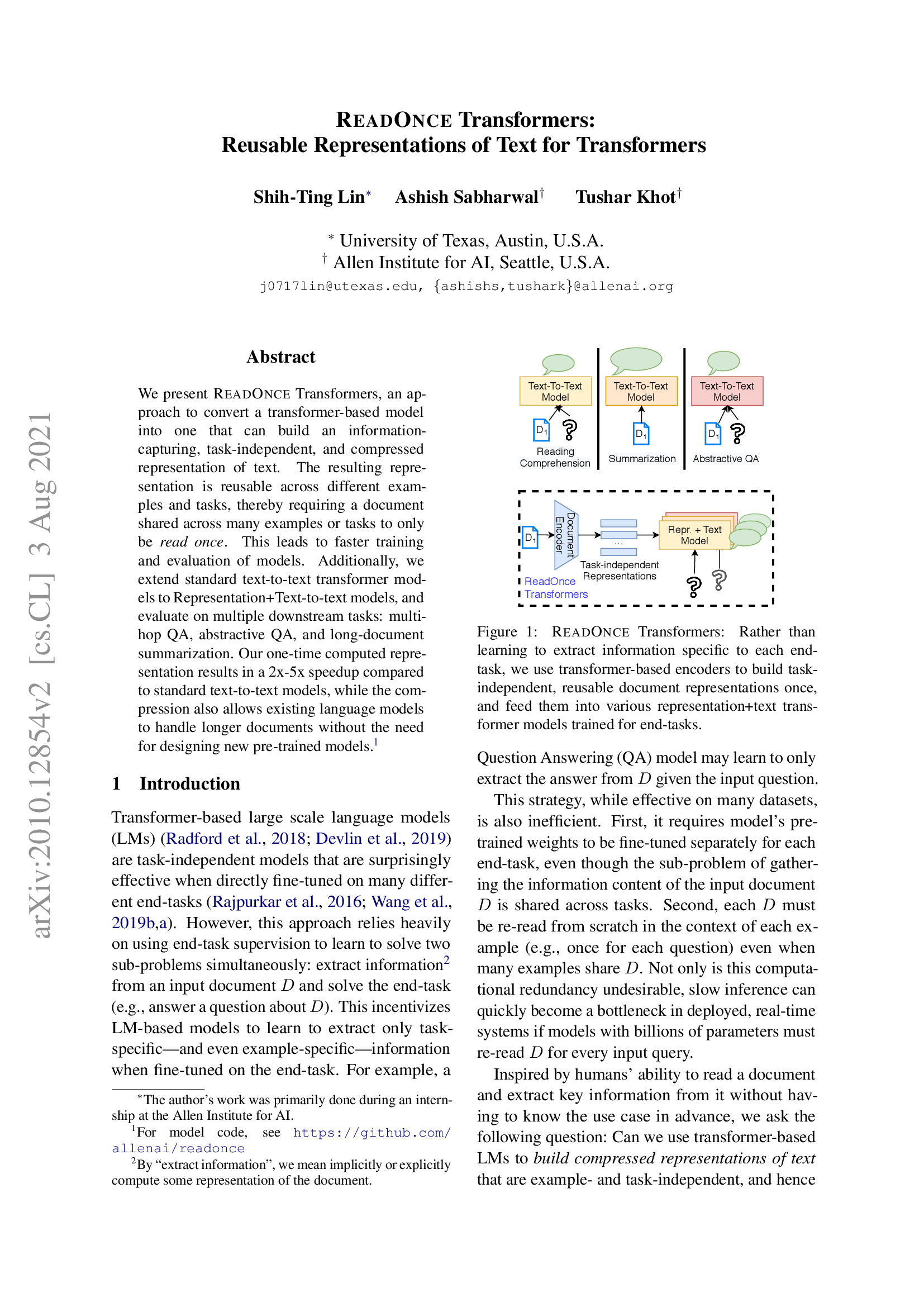 ReadOnce Transformers: Reusable Representations of Text for Transformers