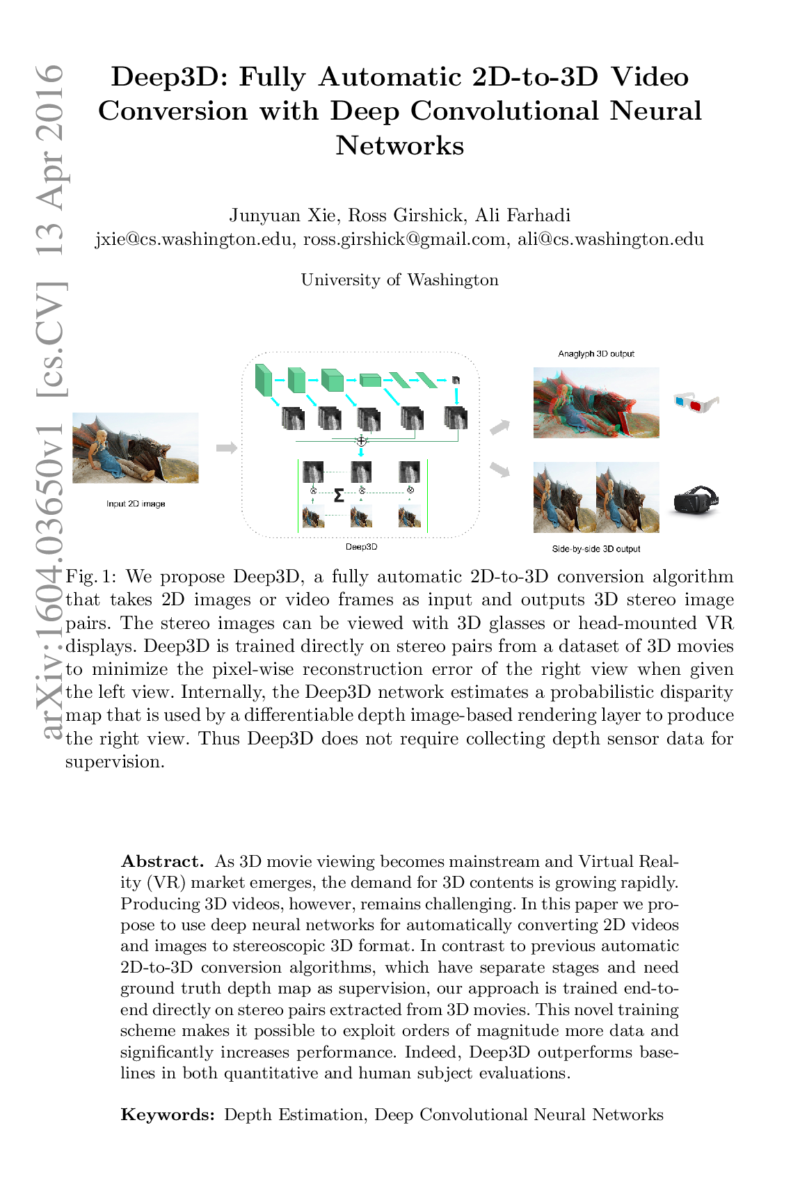 Deep3D: Fully Automatic 2D-to-3D Video Conversion with Deep Convolutional Neural Networks