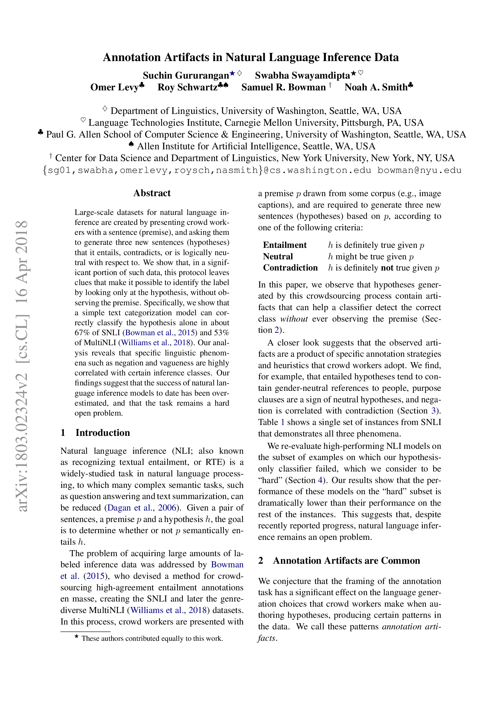 Annotation Artifacts in Natural Language Inference Data