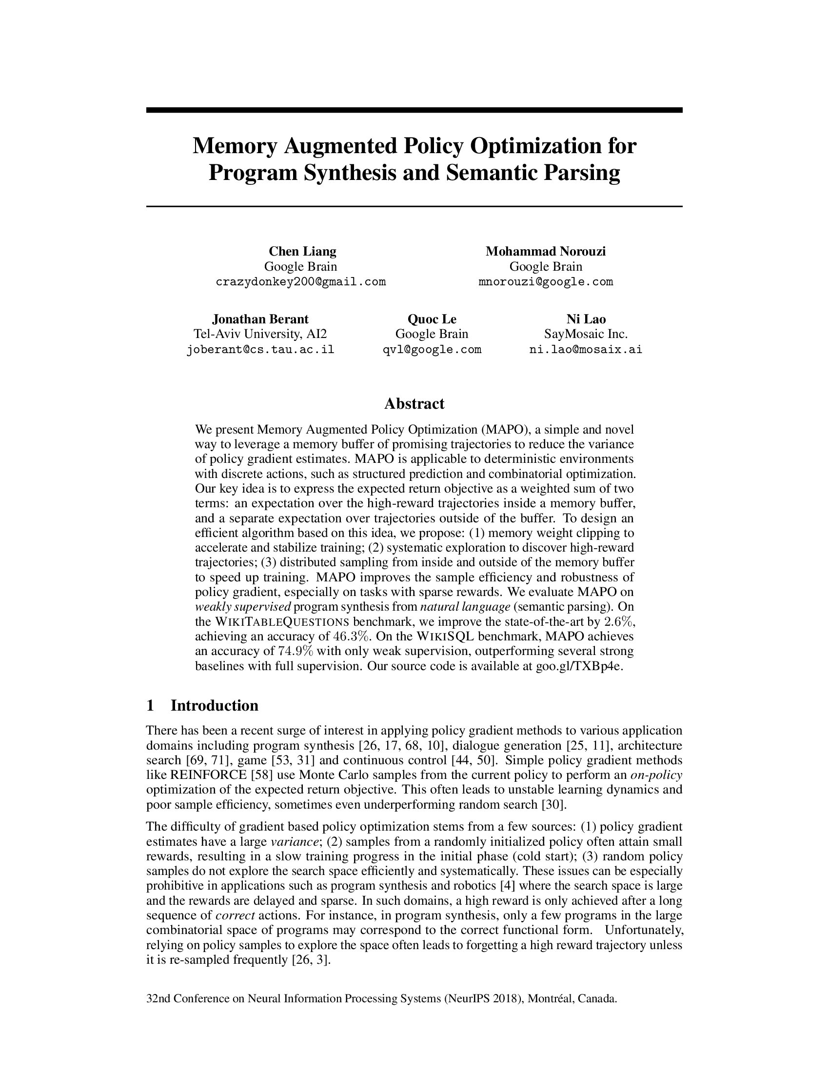 Memory Augmented Policy Optimization for Program Synthesis and Semantic Parsing