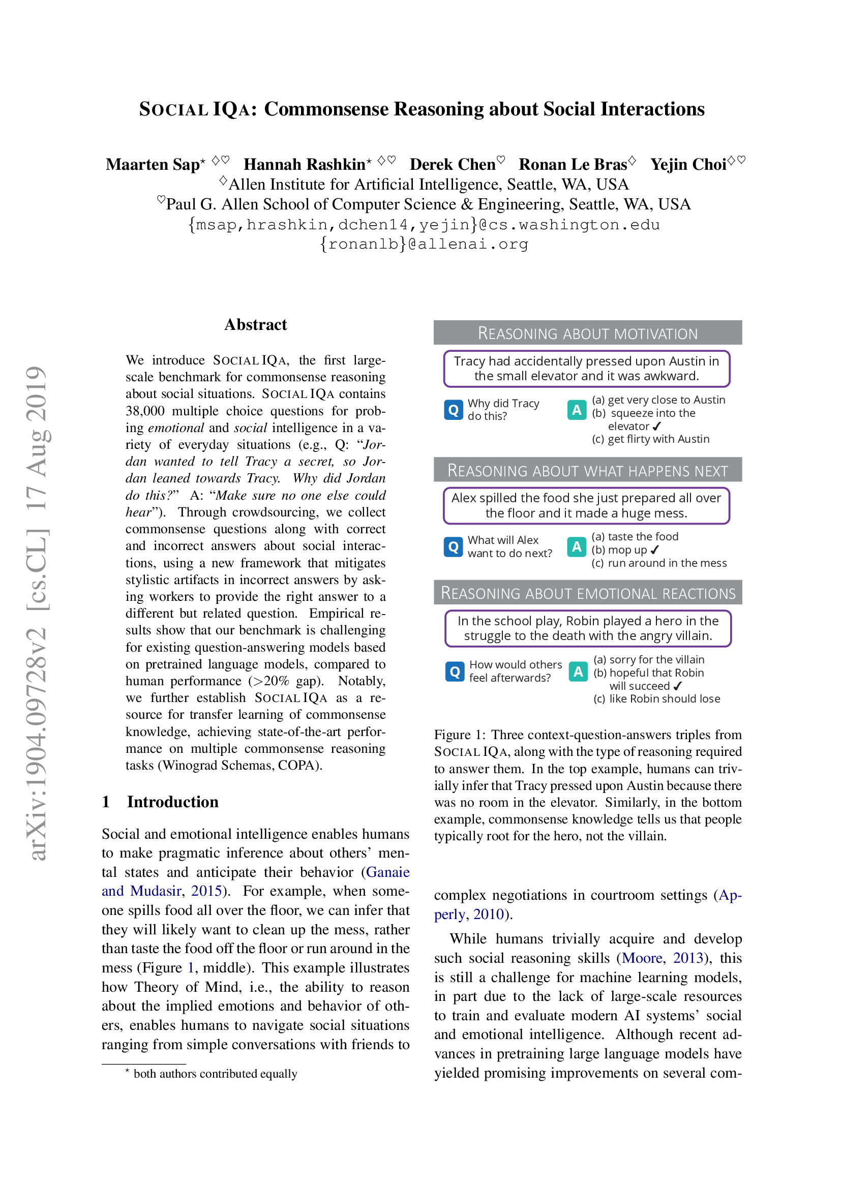 Social IQA: Commonsense Reasoning about Social Interactions