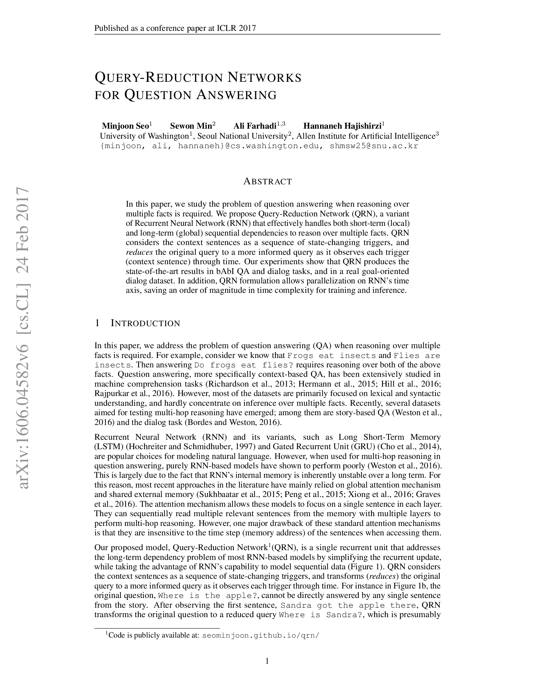 Query-Reduction Networks for Question Answering