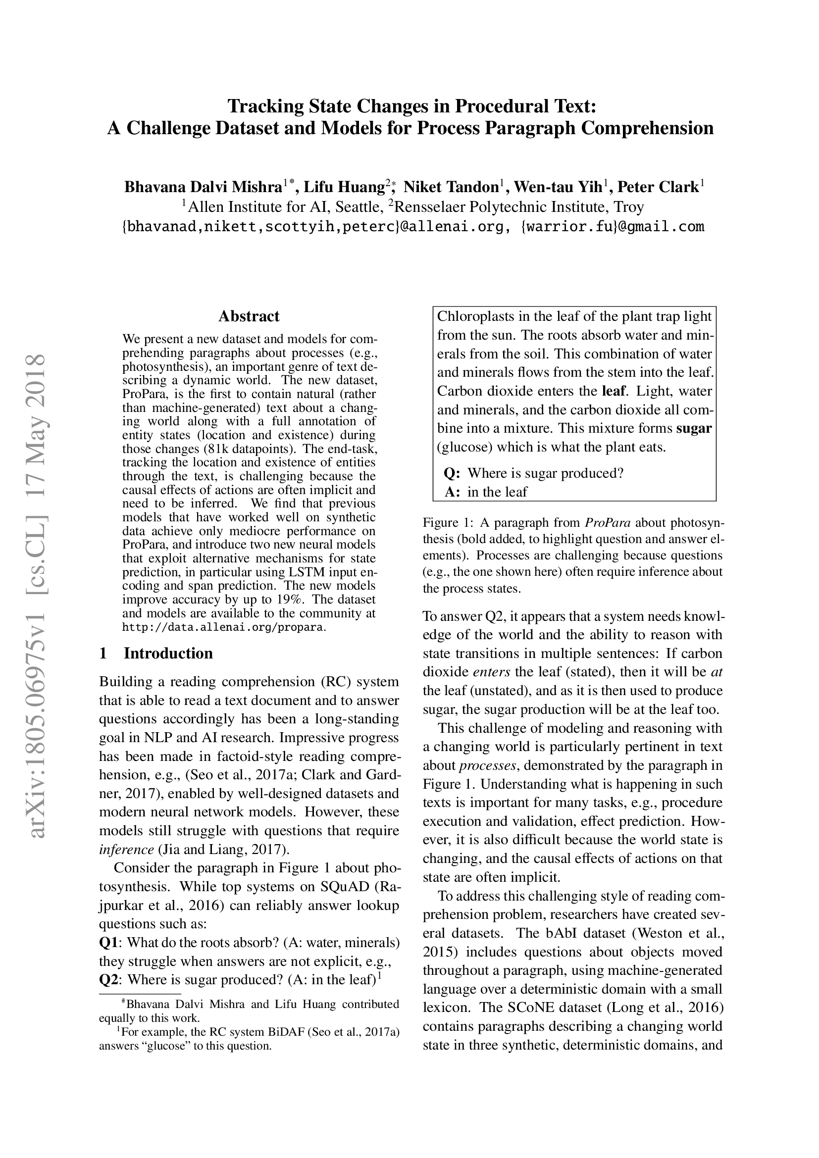 Tracking State Changes in Procedural Text: a Challenge Dataset and Models for Process Paragraph Comprehension