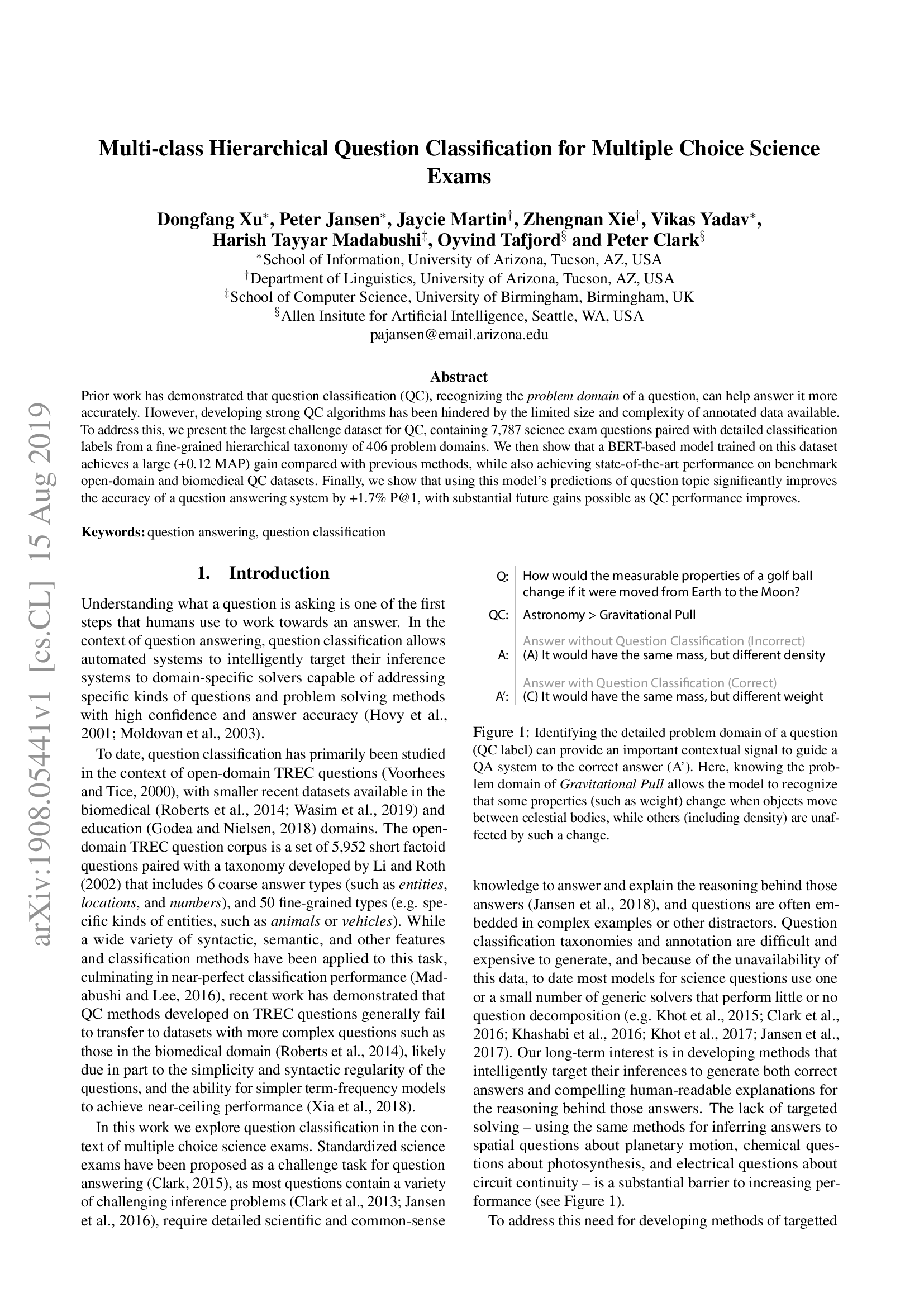 Multi-class Hierarchical Question Classification for Multiple Choice Science Exams