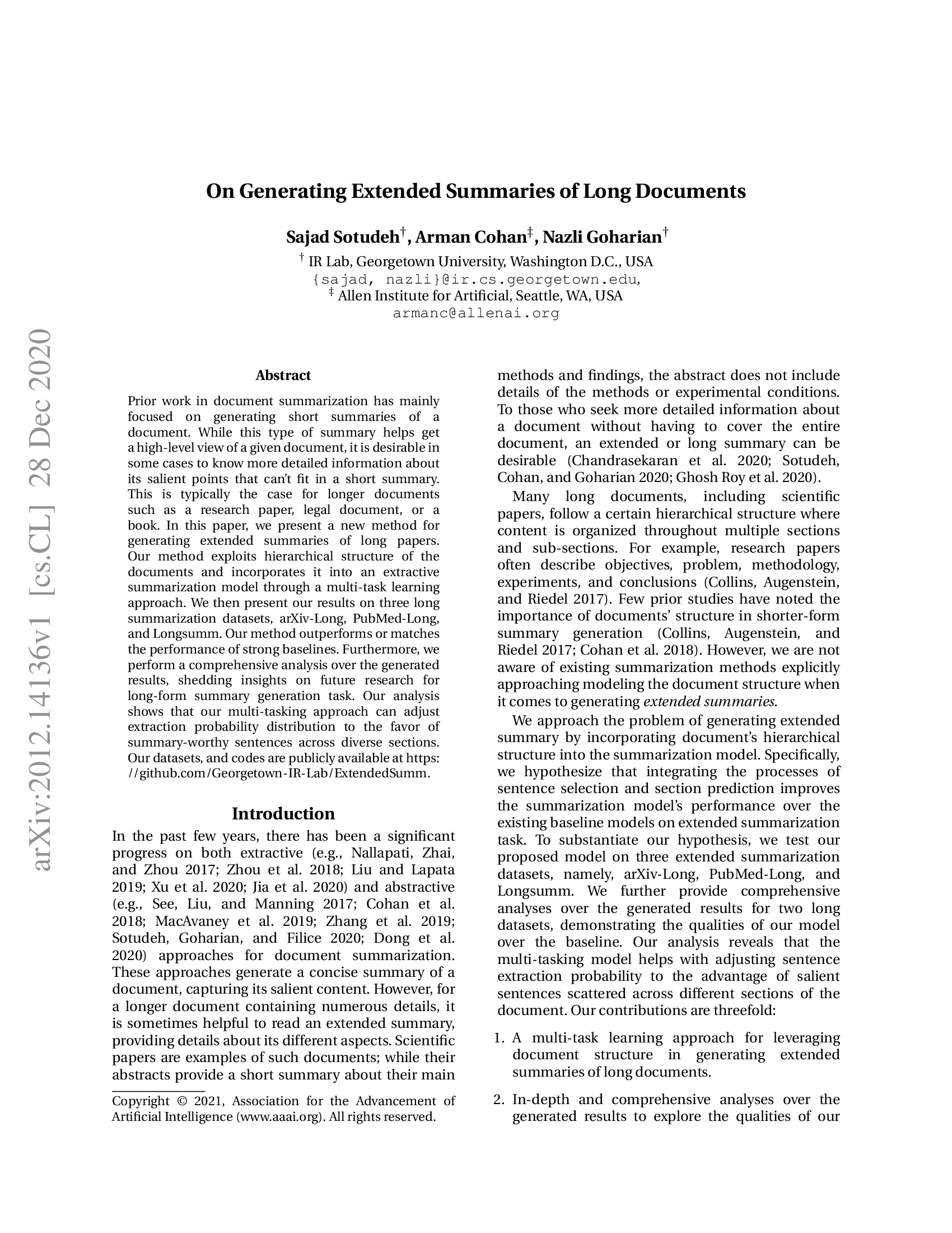 On Generating Extended Summaries of Long Documents