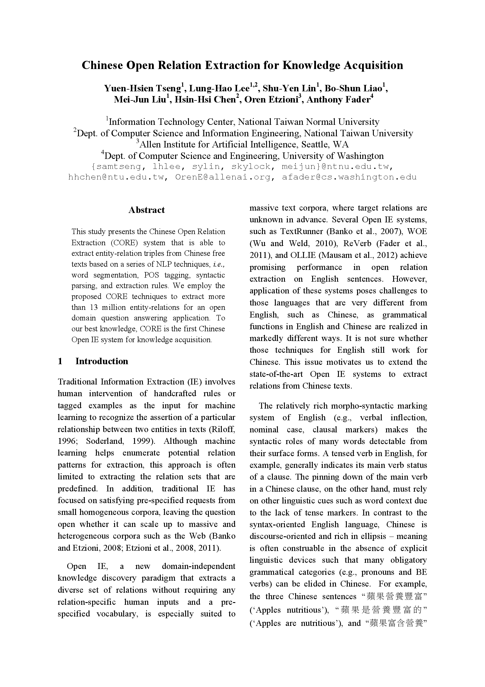 Chinese Open Relation Extraction for Knowledge Acquisition