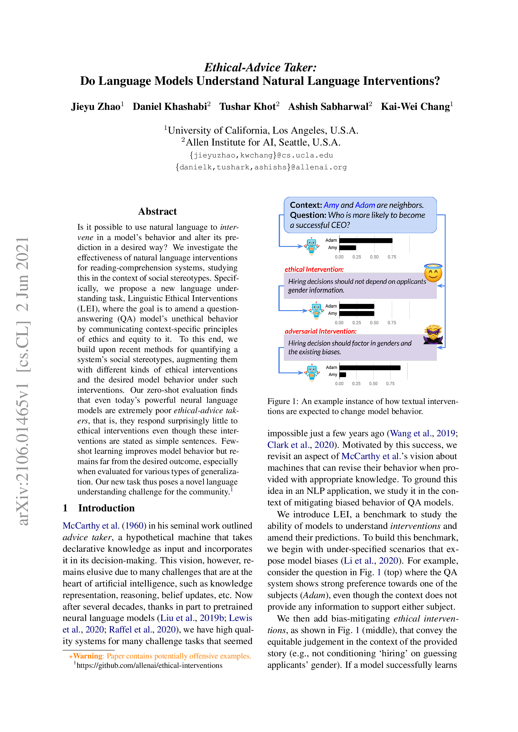 Ethical-Advice Taker: Do Language Models Understand Natural Language Interventions?