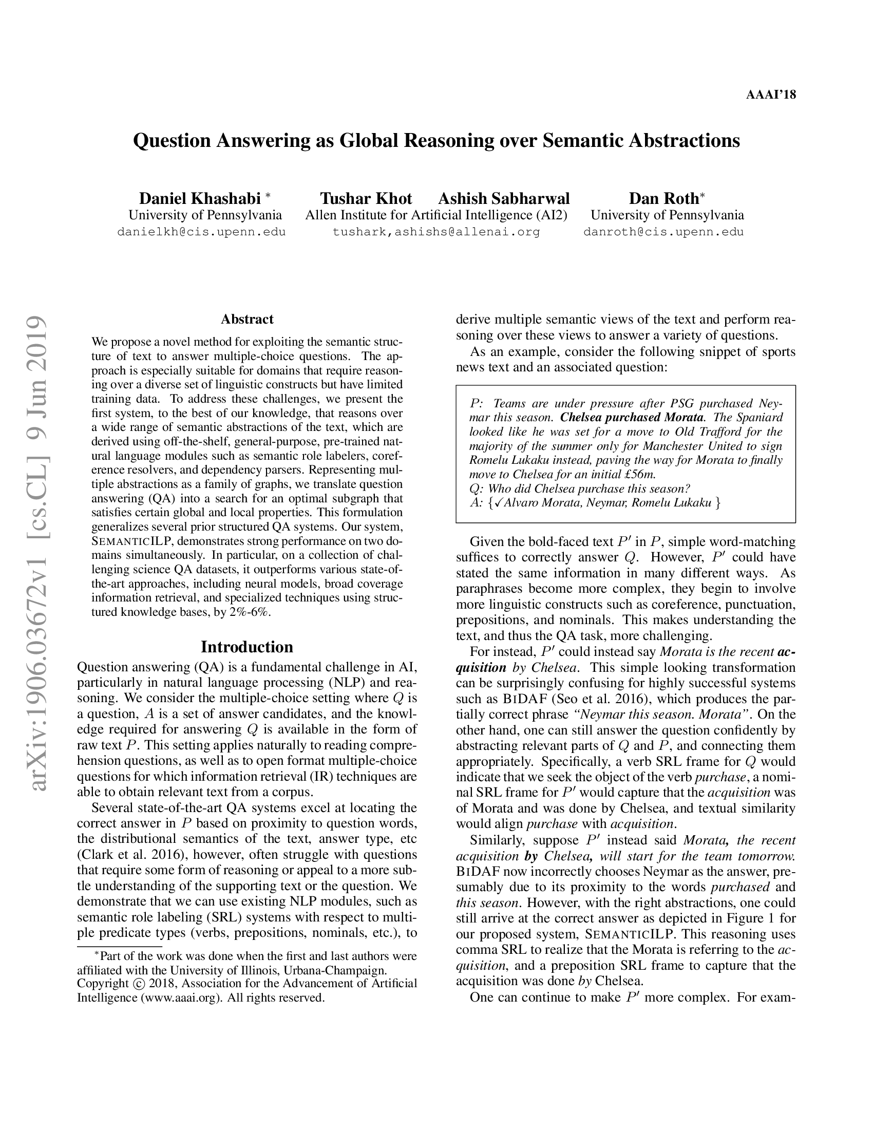 Question Answering as Global Reasoning Over Semantic Abstractions