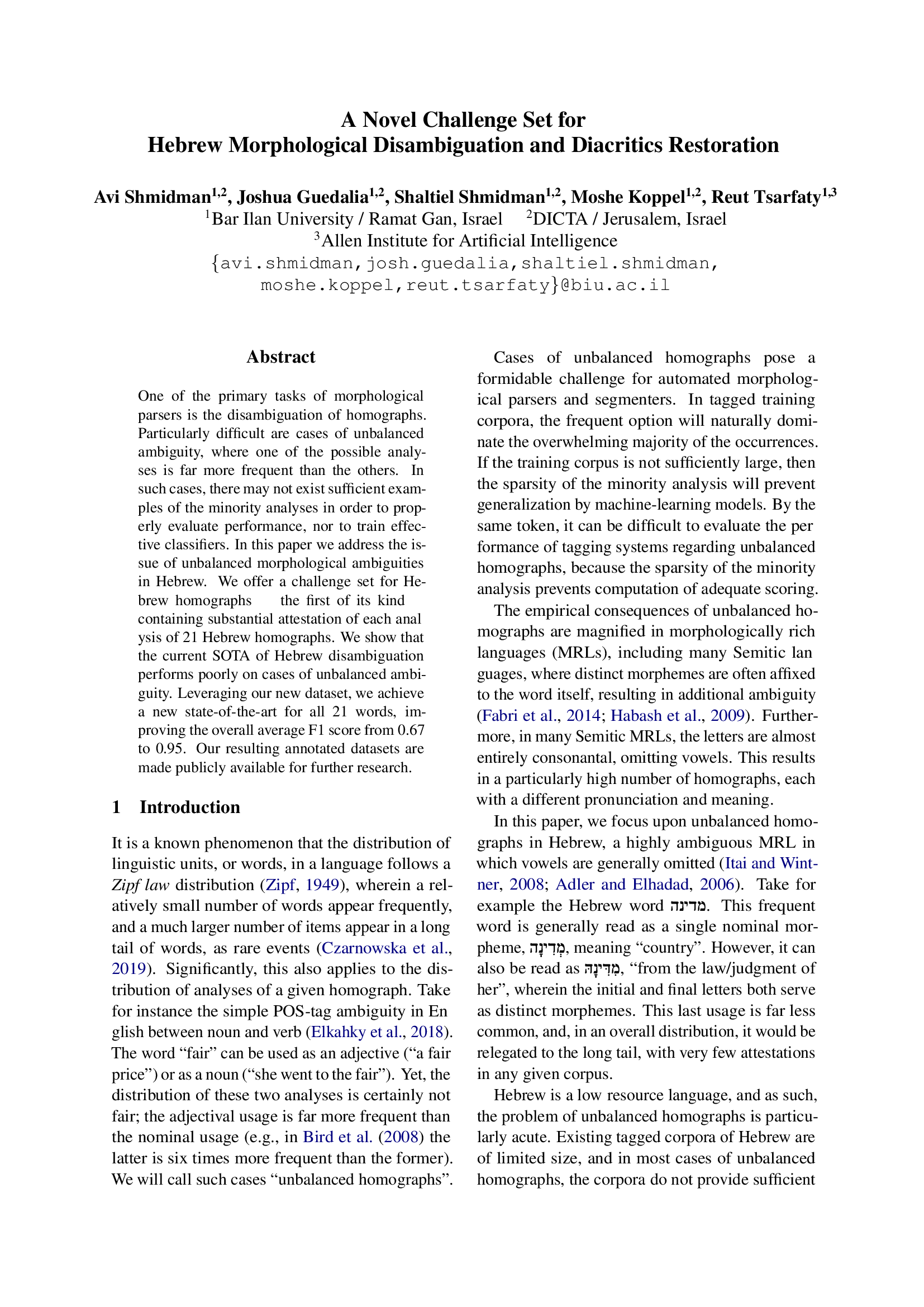 A Novel Challenge Set for Hebrew Morphological Disambiguation and Diacritics Restoration