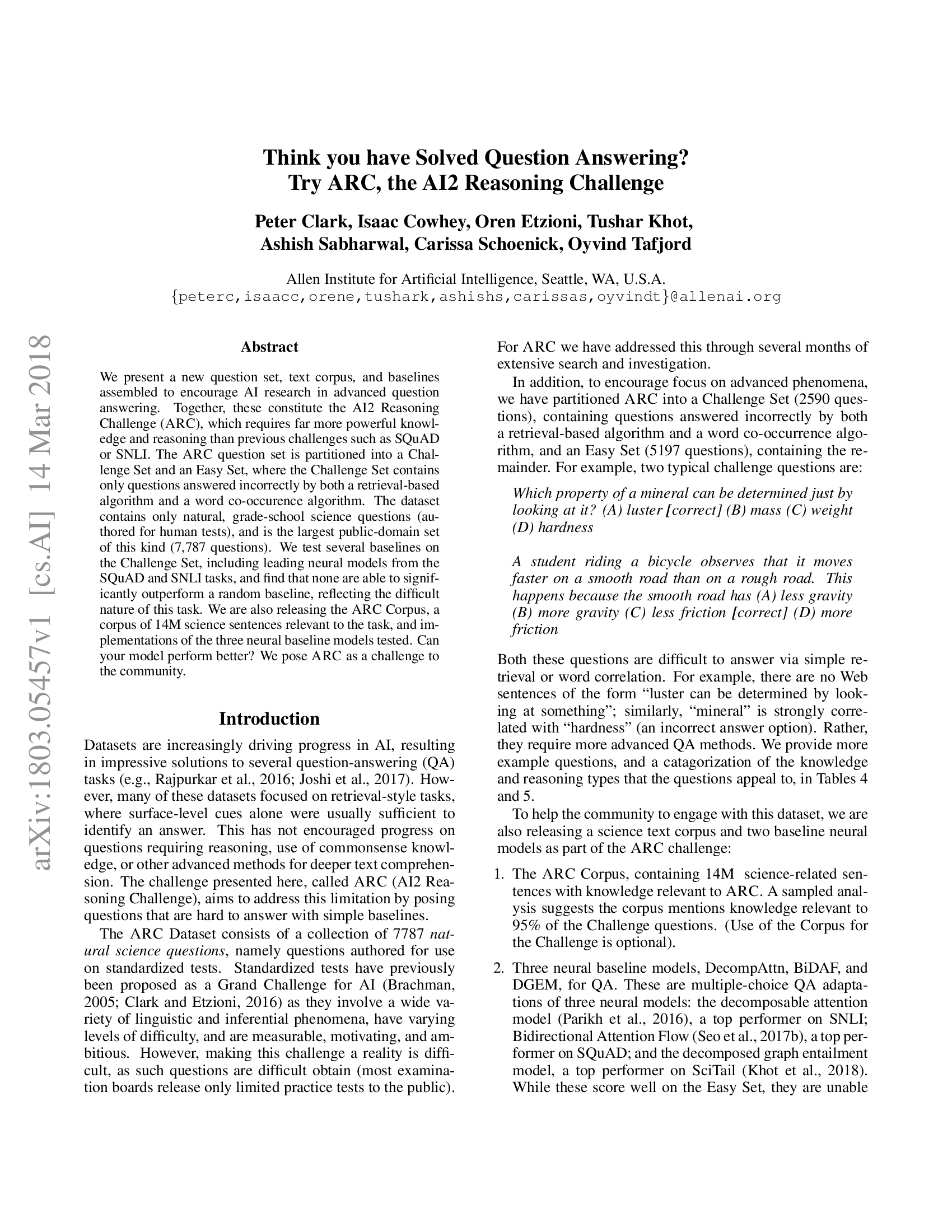 Think you have Solved Question Answering? Try ARC, the AI2 Reasoning Challenge