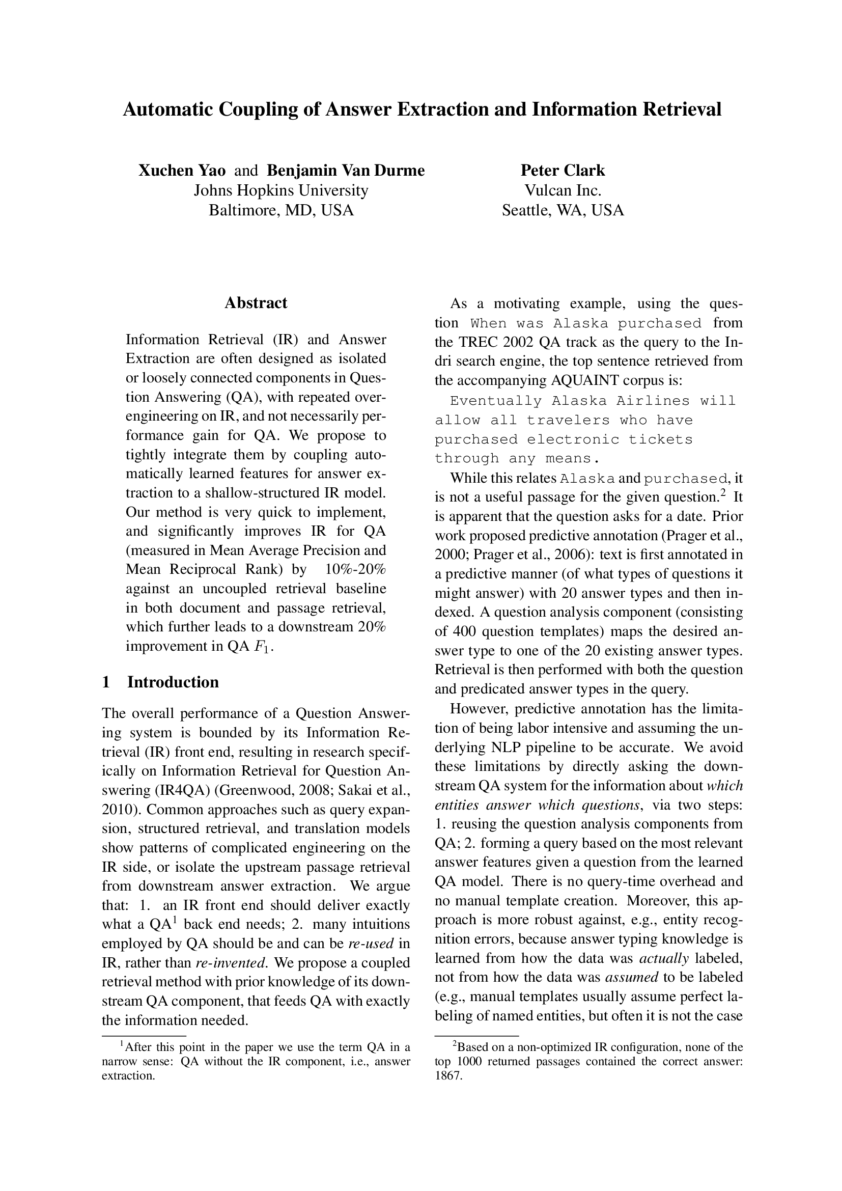 Automatic Coupling of Answer Extraction and Information Retrieval