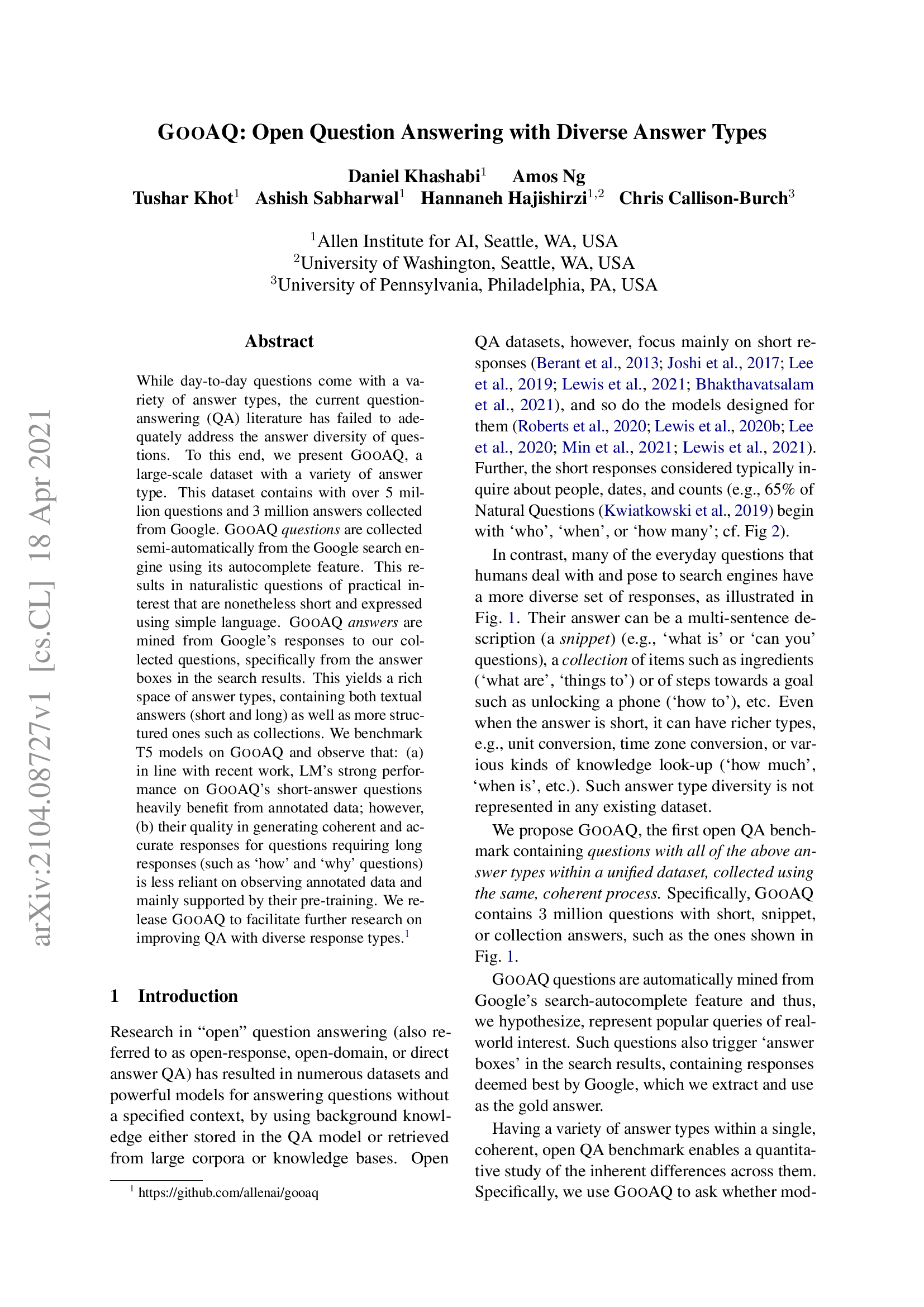 GooAQ: Open Question Answering with Diverse Answer Types