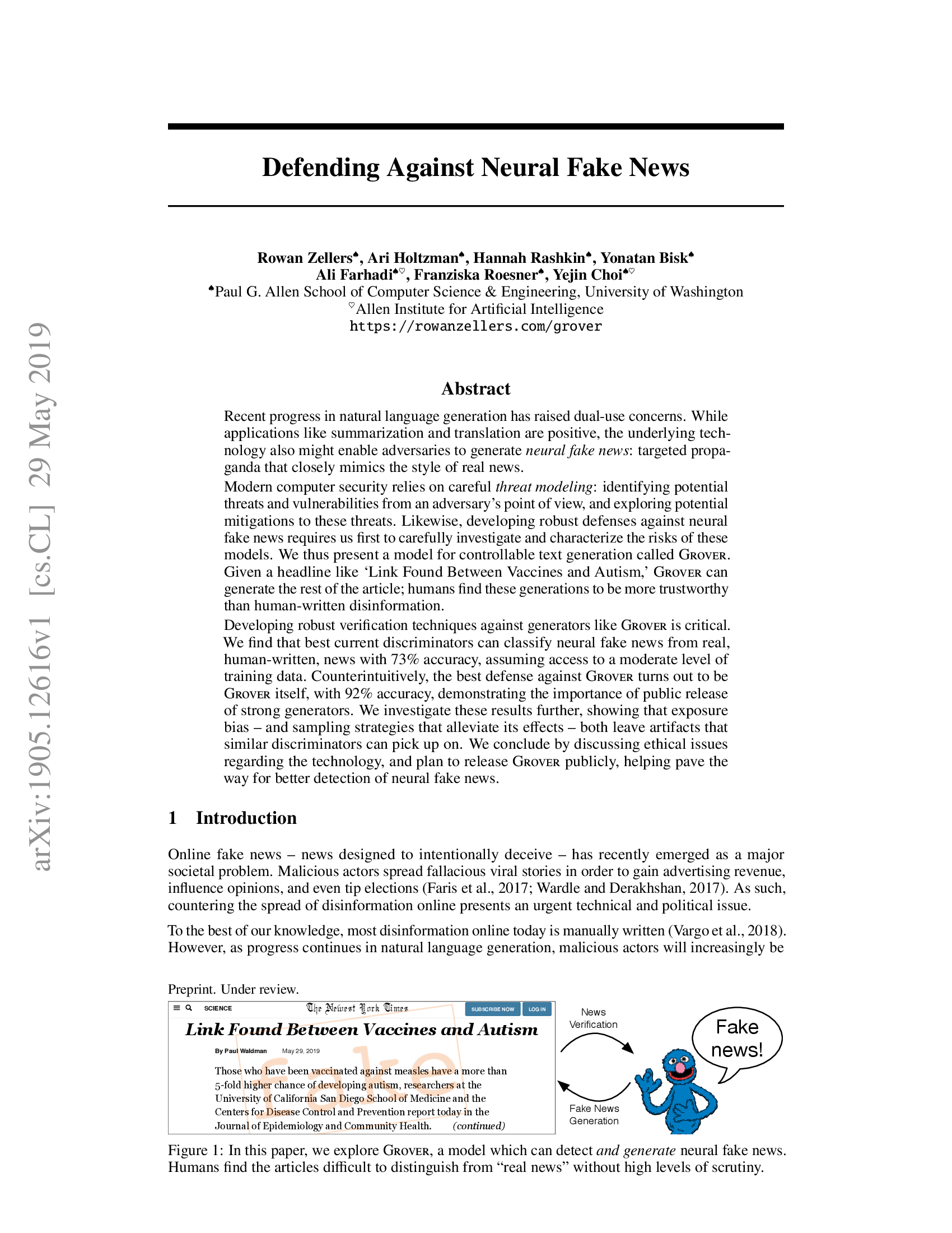 Defending Against Neural Fake News