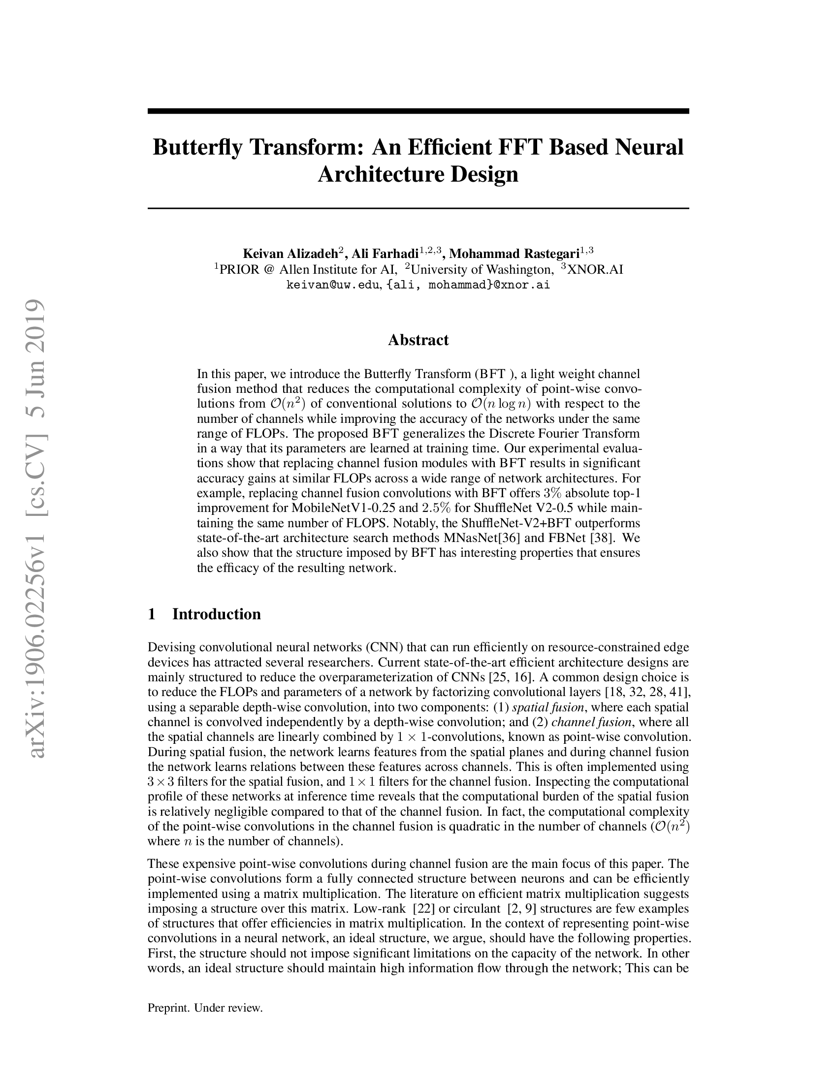 Butterfly Transform: An Efficient FFT Based Neural Architecture Design