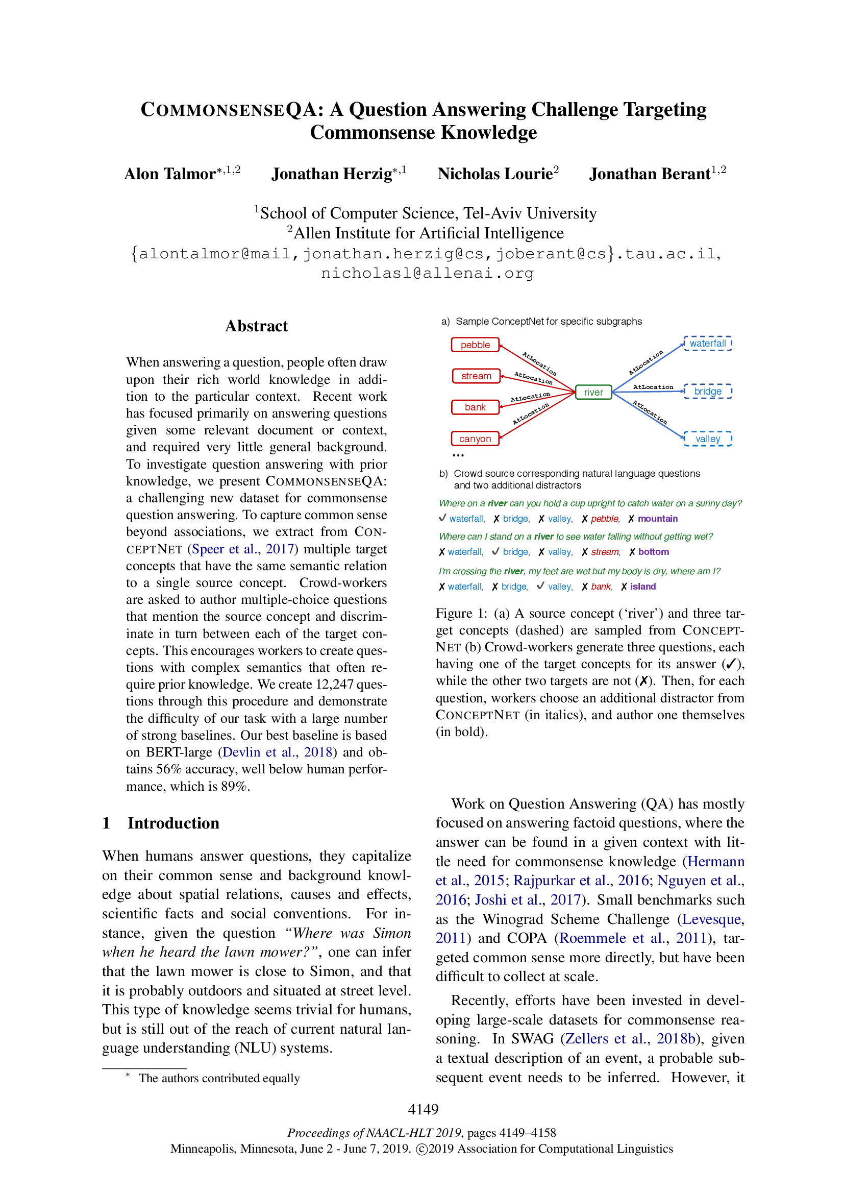 CommonsenseQA: A Question Answering Challenge Targeting Commonsense Knowledge