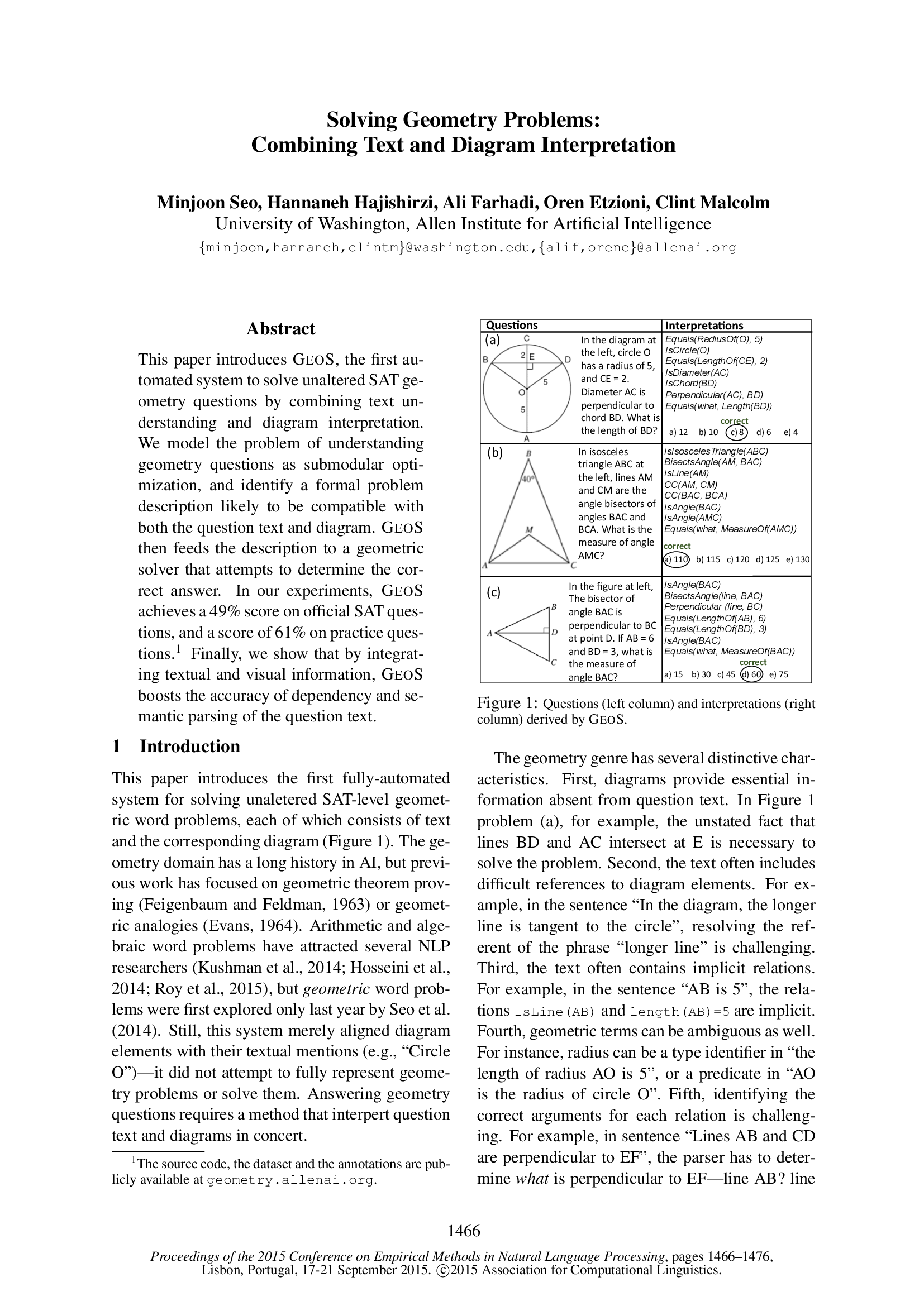 Solving Geometry Problems: Combining Text and Diagram Interpretation