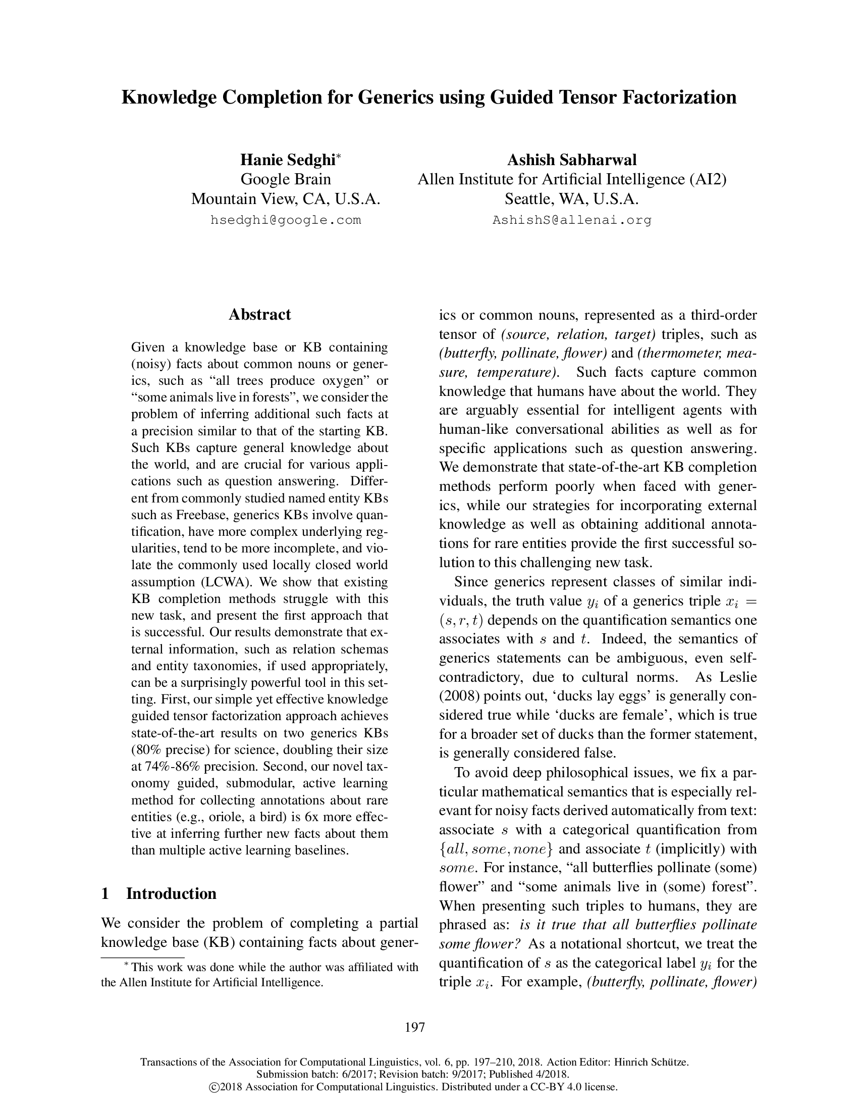 Knowledge Completion for Generics using Guided Tensor Factorization