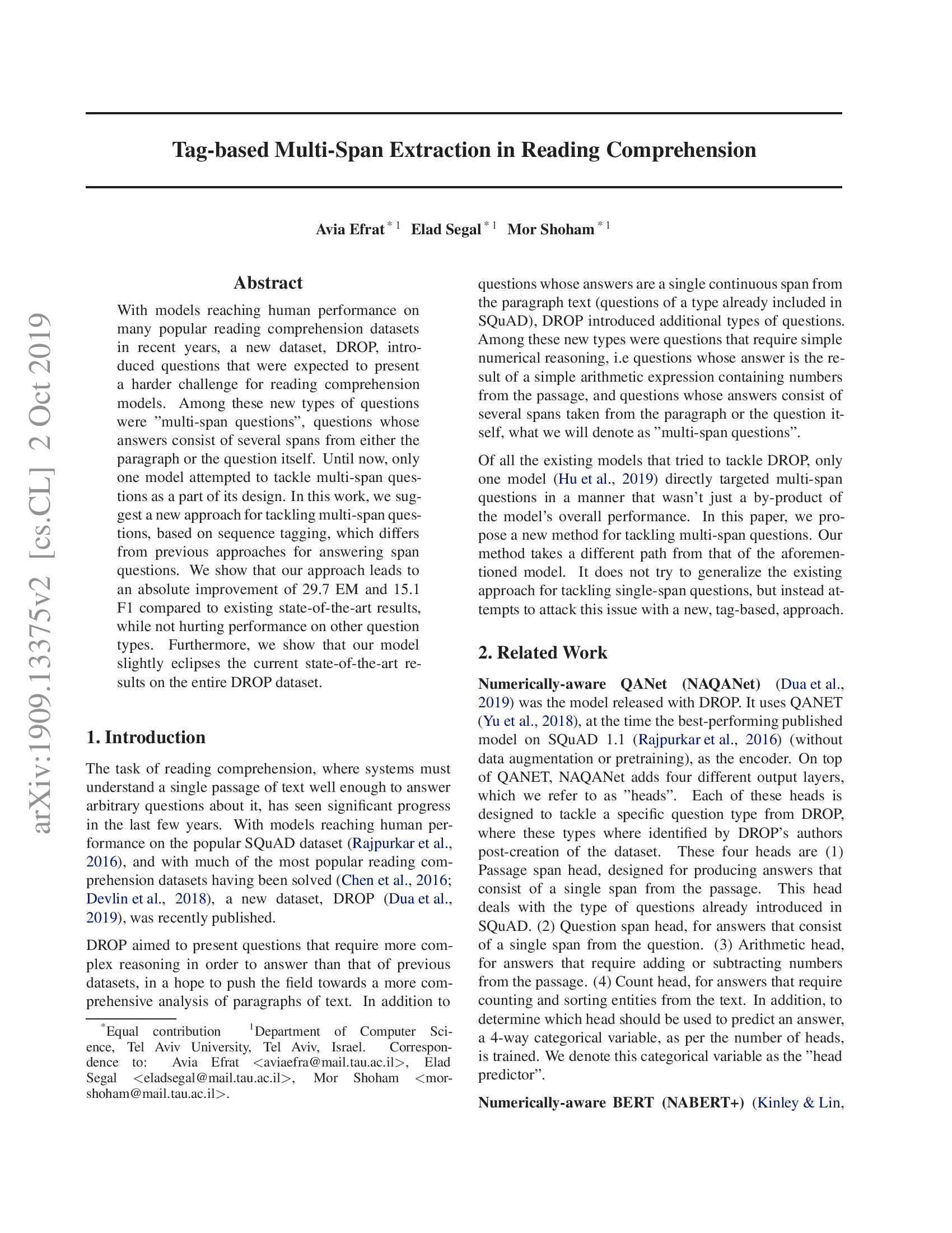Tag-based Multi-Span Extraction in Reading Comprehension