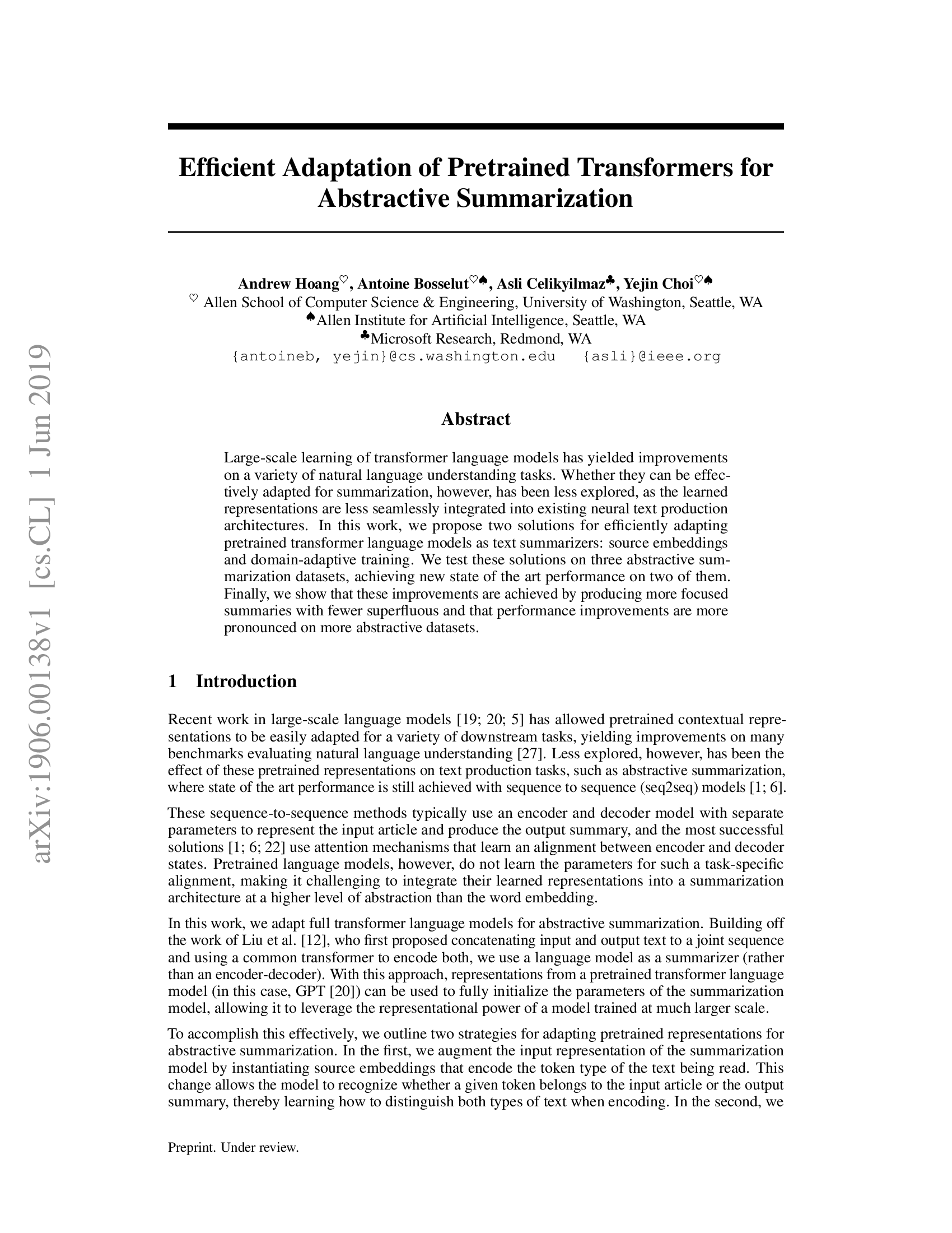 Efficient Adaptation of Pretrained Transformers for Abstractive Summarization