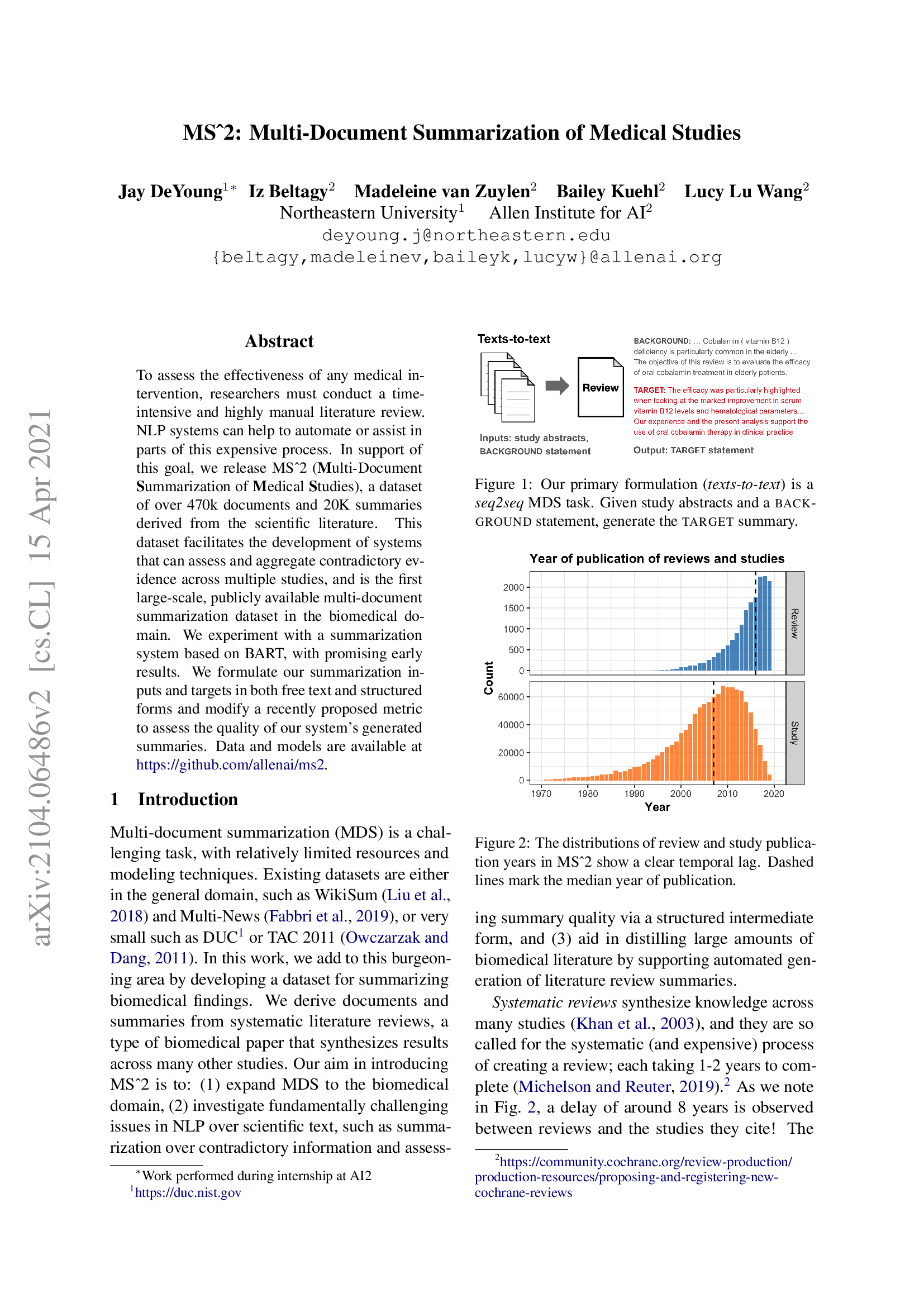 MS2: Multi-Document Summarization of Medical Studies