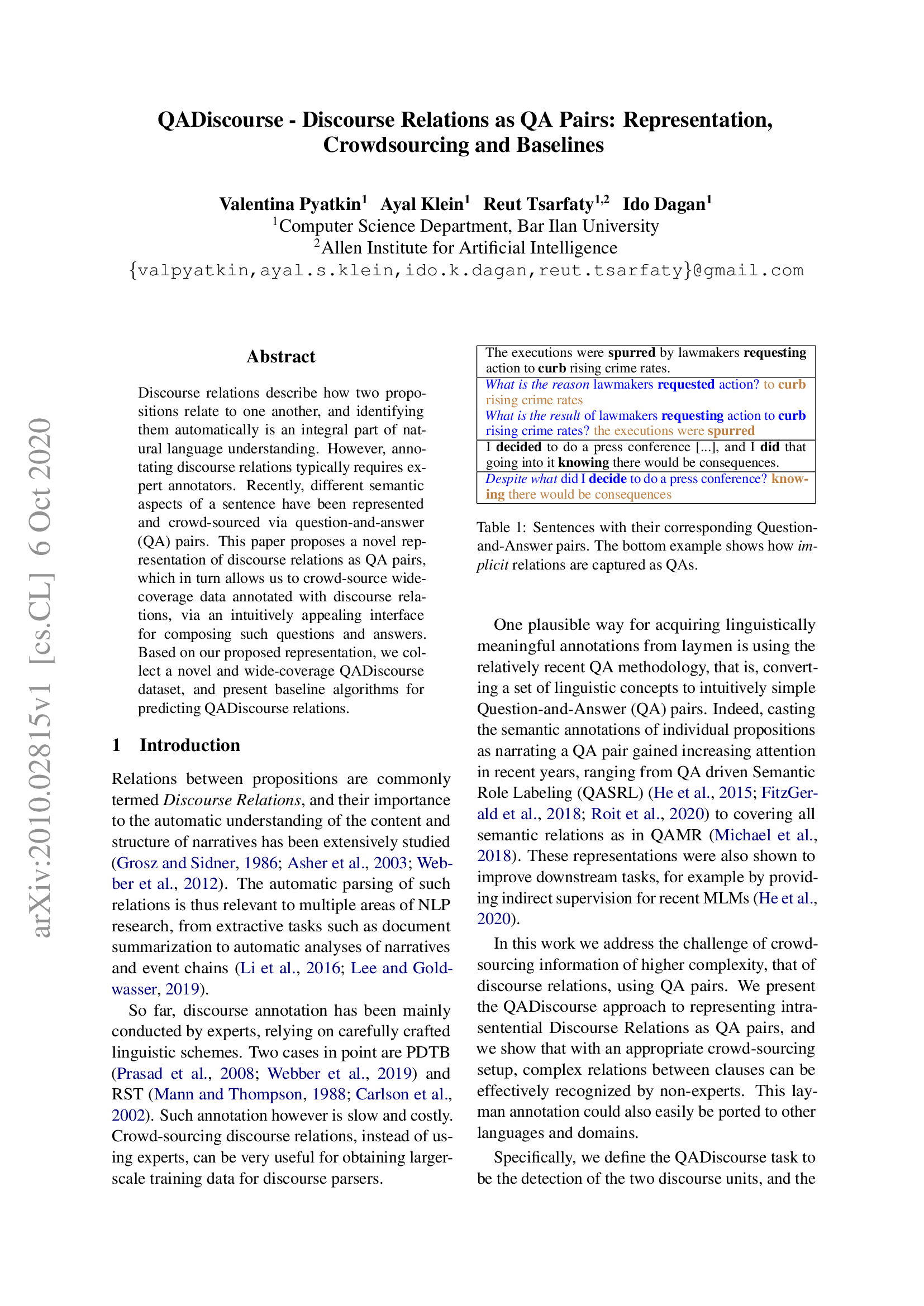 QADiscourse - Discourse Relations as QA Pairs: Representation, Crowdsourcing and Baselines