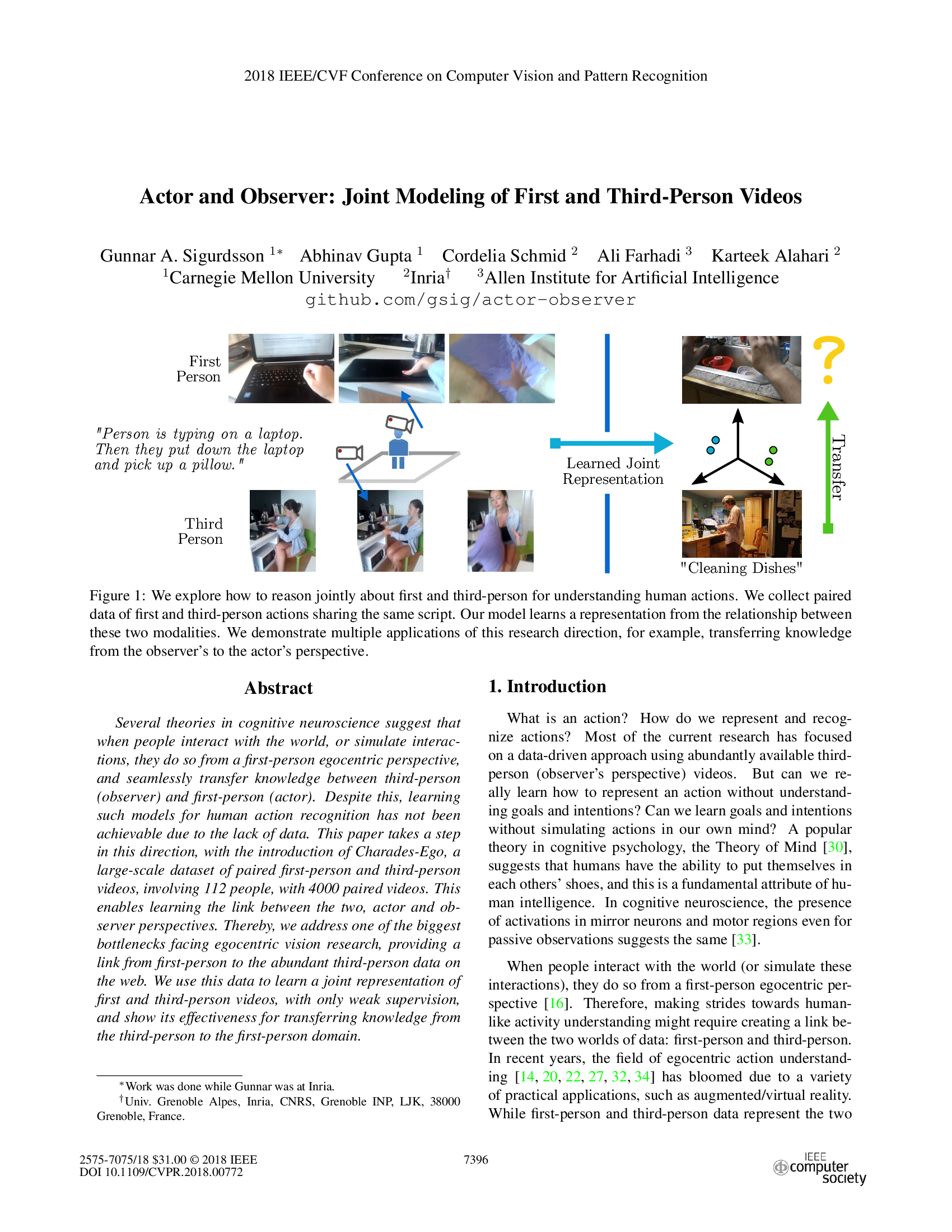 Actor and Observer: Joint Modeling of First and Third-Person Videos