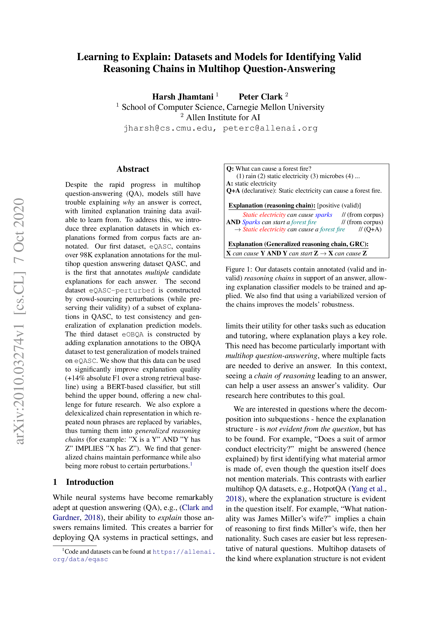 Learning to Explain: Datasets and Models for Identifying Valid Reasoning Chains in Multihop Question-Answering