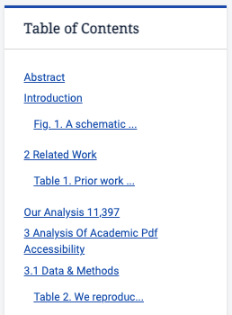 A screenshot of the first few elements in the Table of Contents, with sections such as Abstract, Introduction, and Related Work, and the Figures and Tables under each section.